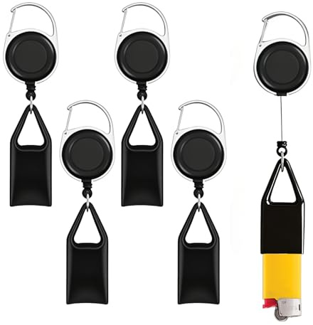 KLEHOPE Lot de 5 Étuis à Briquet avec Clip, Rétractable, Dragonne Portable, Noir et Porte-clés - pour Voyages, Camping, Randonnée