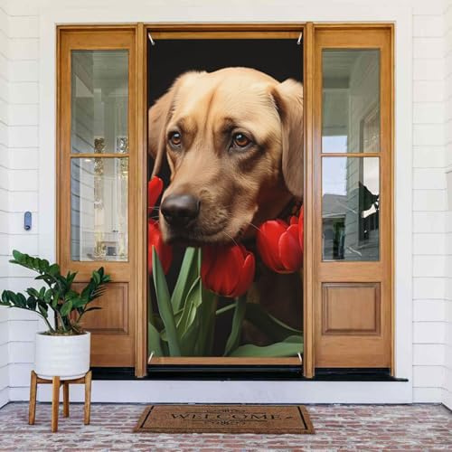 Tür tionen, Türbanner 72,8 x 35,4 Zoll, saisonales Verandaschild, Banner mit Fotohintergrund, Hund, rote Tulpen, Hängebanner für die Haustür, ideal für Frühlings- und Osterpartys