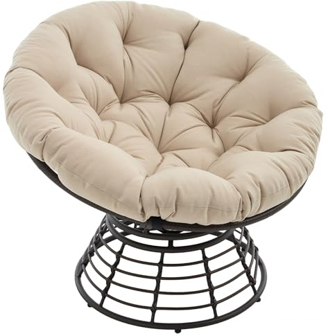 SEEDWAVE Drehbarer Papasan-Stuhl mit Stahlgestell, Relaxsessel mit weichem, abnehmbarem Kissen und Schutzpolster, bequemer Loungesessel für Wohnzimmer, Schlafzimmer und Balkon (Beige Polyester)