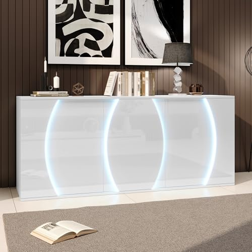 Gxffipw Hochglanz Sideboard Wohnzimmer Beistellschrank mit LED Licht, Wohnzimmerschrank Buffetschrank mit Verstellbare Trennwand, Highboard Schrank Weiß mit Design-Schranktüren, 150x40x70 cm