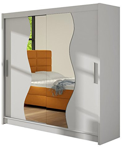 Kleiderschrank mit Spiegel Begas, Schwebetürenschrank, Schiebetürenschrank, Modernes Schlafzimmerschrank, Garderobe, Schlafzimmer (Weiß)