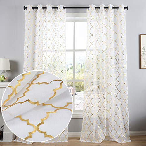 Kotile Vorhänge mit Ösen, Voile, durchscheinender Foliendruck, marokkanisches Muster, für Babyzimmer, 2 Bahnen Marokkanisch 52x84 White Sheer - Gold Moroccan