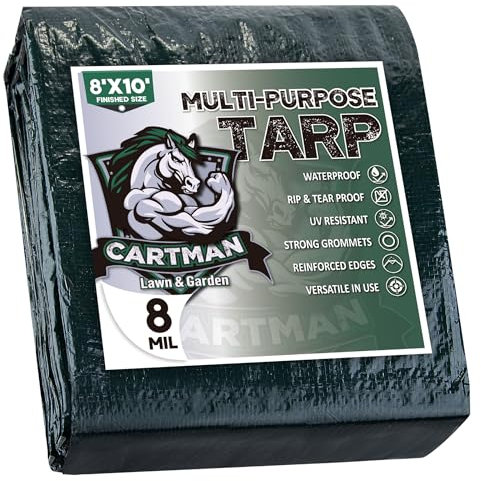 CARTMAN Finished Size 8x10 Feet Waterproof Green Tarp 8 Mil Thick, Multipurpose Protective Cover for Emergency Rain Shelter Camping Tarpaulin