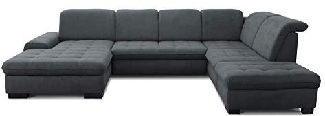 CAVADORE U-Form Lexi mit XXL-Longchair / Inkl. Bett, Bettkasten, Stauraum und Kopfteilfunktion / Leichte Fleckenentfernung dank Soft Clean / 329 x 82-99 x 224 / Flachgewebe: Dunkelgrau