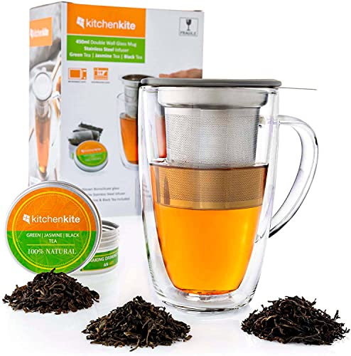 Kitchen Kite Glass Tea Cup with Stainless Steel Infuser and Lid - Microwave & Dishwasher Safe, 16oz Double Wall Tea Infuser Mug with Blooming, Loose Leaf Tea Sampler, Tea Maker Gift Set