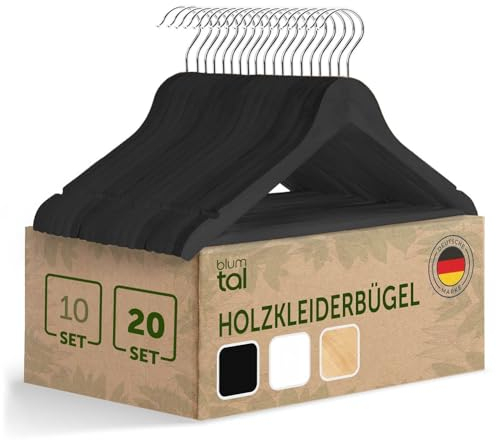 Blumtal Perchas Ropa Madera Set de 20 - Perchas Madera Ropa con Gancho de Metal Giratorio 360° - Perchas de Madera Maciza - Perchas Negras con Barra para Pantalones y Ranuras Ropa con Tiras - Negro