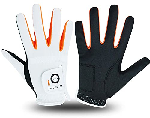 FINGER TEN Kids Golf Gloves Pair for Left and Right Hand(White/Black, XL)