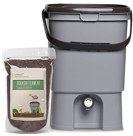 Bokashi Eimer Starterset - Japanisches Design (grau) + Bokashi Ferment + Bokashi Broschüre