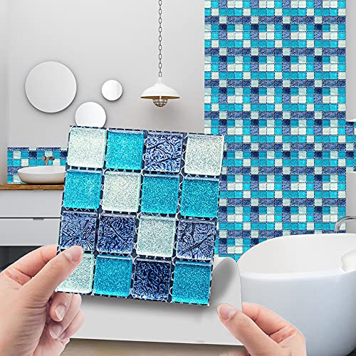 30 Pezzi Adesivi per Piastrelle per Mobili e Pareti, Hiser 3D Mosaico Stile Impermeabile Adesivo da Parete Autoadesive Rotoli Carta per Cucina Bagno Casa Decorativo 10x10cm (Blu)