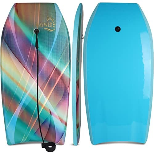 RAYWER Bodyboard, leicht, mit EPS-Kern, glatte Unterseite aus HDPE, Leine und verstellbarem Handgelenksband, tolles Surfen für Kinder und Erwachsene (Regenbogen, 84 cm)