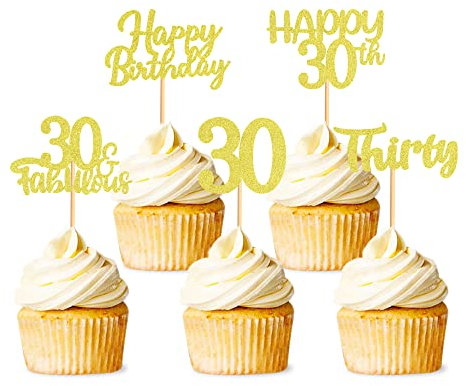 40 Stück Gold Glitzer 30. Geburtstag Cupcake Topper Picks für Mädchen Jungen Teen Party Dekoration