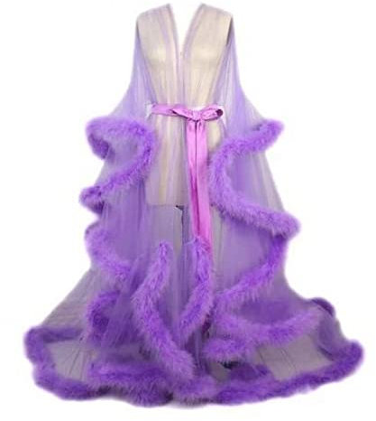 UIHECTA Kimono en Tulle pour Femme - Robe De Chambre avec Garniture Fourrure et Plume - Peignoir Vêtements Nuit pour Mariée Mariage - Violet, Taille Unique
