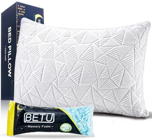 BETU Cooling Pillow Queen Size, Shredded Memory Foam Cool Pillow for Hot Sleepers, Adjustable Firm Soft Support Bed Pillows Perfect for Back Neck Pain and Side Sleeping with Pillow Case Cover, White