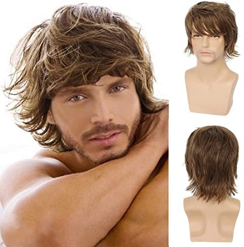 Qnbiar Herrenperücke kurz geschichtet flauschige Perücke kurze hellbraune Perücke natürliche synthetische Halloween-Cosplay-Haarperücke für Männer