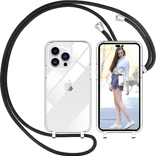 Nupcknn Handykette für iPhone 14 Pro Hülle mit Band,Ultra Dünn Transparent Handyhülle (Abnehmbar) Necklace mit Kordel zum Umhängen Kameraschutz Handy Kette Stossfest Schutzhülle(Schwarz,6.1)
