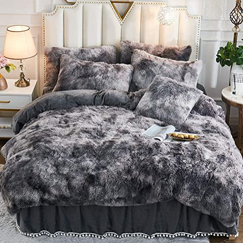 Michorinee Plüsch Bettwäsche 200x200 Winter Flauschig Warme Bettbezug Fleece Flausch Langhaar Kunstfell Tie Dye Gedruckt Grau Plüschbettwäsche Set mit Reißverschluss - 200 x 200 cm + 2 x 80 x 80 cm
