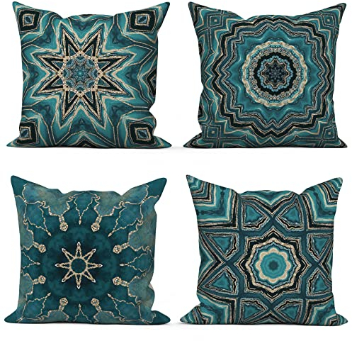 ASDCXZ Kissenbezug Boho 50x50 cm 4er Set, Retro Geometrische Muster Blau Gold Sofa Dekokissen Kissenbezüge Kissenhülle Waschbar Polyester Flachs Textil Outdoor Polster Kopfkissenbezug Kissen Bezug