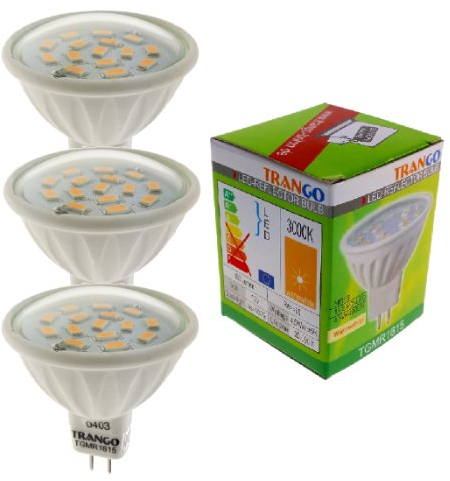 Trango 3er Set MR1615 LED Leuchtmittel 6 Watt 450 Lumen 12-Volt 3000K warmweiß mit MR16 I GU5.3 I G4 Fassung zum Austausch herkömmlicher Halogen Glühlampe, Reflektor Lampe, LED Birnen