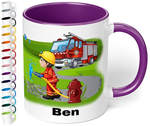 Tasse mit Namen für Kinder Feuerwehrmann – Kindertasse personalisiert – Feuerwehr Kinderbecher Trinkbecher für Jungen und Mädchen - rundum bedruckt – Geschenk zu Weihnachten, Geburtstag (Violett)