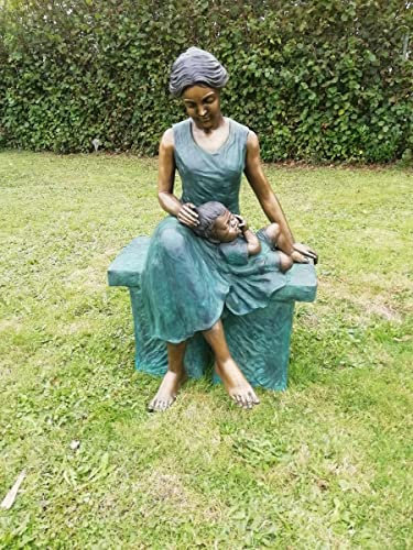 Thermobrass Bronzeskulptur Mutter mit Kind auf Bank Gartendekoration Dekofigur wetterfest