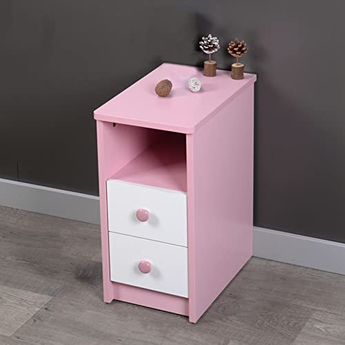 WIQUYBML Organizer da comodino colorato da 20 cm, mini comodino in legno, moderno, ultra-sottile, con 2 cassetti e ripiano aperto, per camera da letto, camera dei bambini (rosa 20 * 39 * 50 cm)