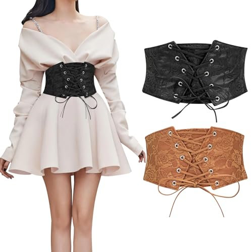 WERFORU 2 Stücke Frauen Taille Korsett Gürtel Tied Waspie Halloween Elastische Breite Gürtel für Kleider Schwarz/Braun