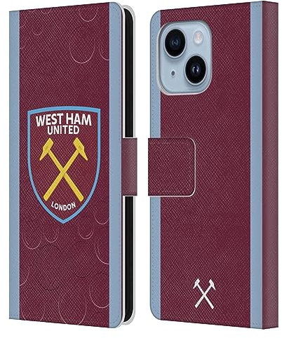 Head Case Designs Funda de piel tipo cartera con licencia oficial del West Ham United FC Home 2023/24 Crest Kit compatible con Apple iPhone 14 Plus