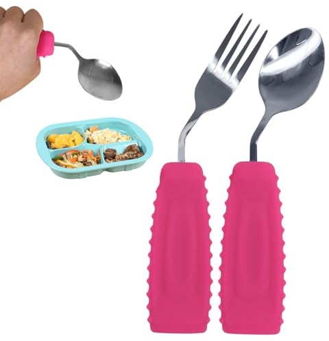 EZ Assistive Cuillère et fourchette adaptatives faciles à tenir pour manger indépendamment, ustensiles lestés pour les tremblements de la main (main gauche – 1 ensemble cuillère et fourchette)