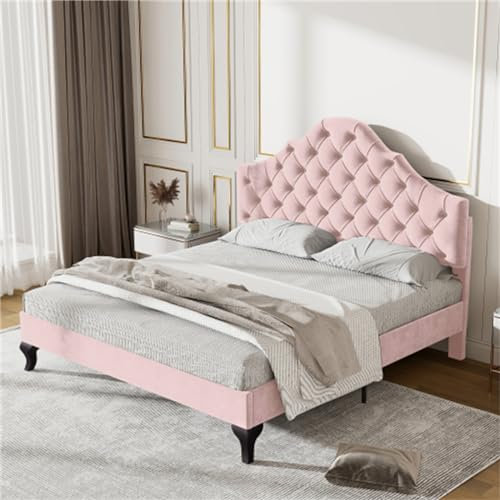 Letto imbottito con testiera a forma di corona, 140 x 200 cm, testiera regolabile in altezza, con rete a doghe in legno, per ragazzi e adulti, camera da letto (rosa)