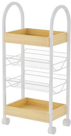 VZONE Narrow Bathroom Storage Trolley Cart - 80cm 4 Tier Craft Trolley on Wheels, Book Cart, Lash Trolley, Art Trolley 2 Metal Basket, 2 Wooden Tray, Upgraded Version Arc Handle