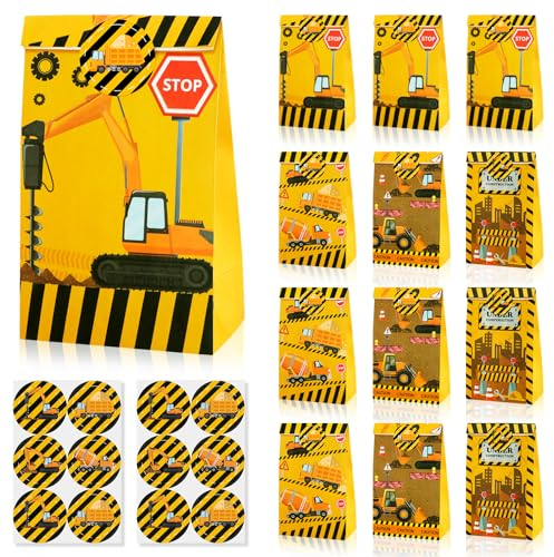 RISF 12 Stück Baustellenparty Geschenktüten mit Stickern Mitgebsel, Tüten Bagger Geburtstag Dekoration, Geschenktüten Kindergeburtstag, Bagger Auto Geschenktüten Geburtstag Thema Party