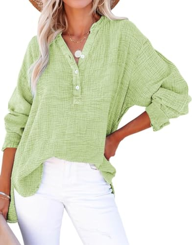 PADOLA Chemisiers et Blouses Femme Gaze de Coton Chemisier Femme Chic et élégant Chemise Henley Manches Roulées Décontracté Tunique Bouton Blouse Couleur Uni Tee Shirt été Haut Top (2 Vert, S)