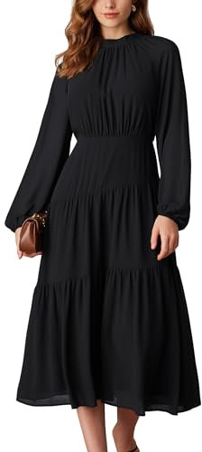 GRACE KARIN Women's Long Sleeve Casual Round Neck A-line Pleated Dress, Autumn Winter Midi, Black, M