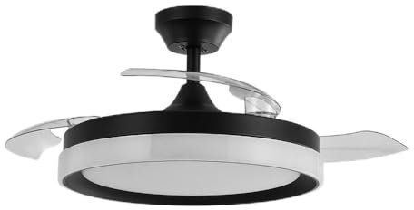 Ventilador DC Zenit Negro 72W con 3 aspas retráctiles y 7200 lm. Ofrece 6 velocidades y luz ajustable (3000K, 4500K, 6000K). Incluye control remoto, temporizador y memoria.