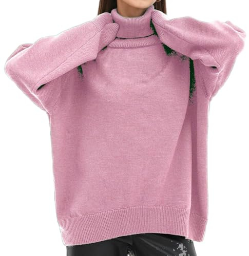 Pull Col Roulé Décontracté De Couleur Unie pour Femme, Pull Col Roulé d'automne pour Femme, Pull Col Roulé à Manches Longues en Tricot Côtelé, Pull Ample Décontracté
