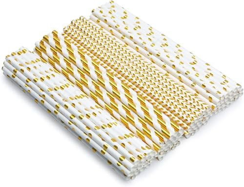100 Stück Strohhalm Papier Strohhalme Gold Biologisch Abbaubare Umweltfreundlich Papierstrohhalme für Geburtstaochzeiten und Party Cocktail Feier Partyzubehör