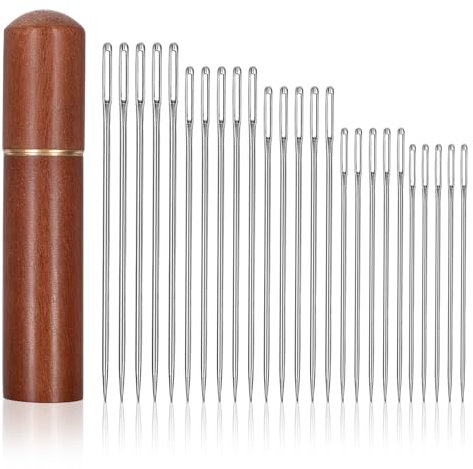 Tyqour 25 Stück Nadeln mit Großem Öhr Nähnadeln Sticknadeln,Stopfnadeln, Nähnadeln mit Birnbaum-Nadelkasten, Große Nadeln für Handnähen Garnstricken, Stumpfe Nadeln 6cm 5,5cm 5,2cm 4,5cm 4,2cm