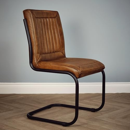 Elm home and garden 100% Real Genuine Leather Dining Kitchen Chair Metal Frame Tan Brown Grey Fully Assembled 93cm High x 52cm Wide x 61cm Deep (Brown)