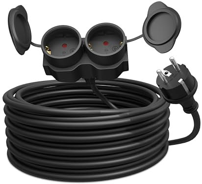 Poppstar Câble de Rallonge Double 10m, IP44 Rallonge Extérieure, 3500W, Multiprise Schuko, Noir