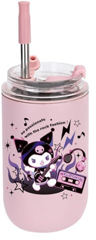 HOOKTA Kuromi Botella de agua de 280 ml, a prueba de fugas, con pajita, vaso de acero inoxidable, para trabajo, viajes, exteriores, escuela (rosa y negro)
