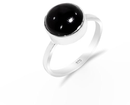 Schwarzer Onyx Ring Naturstein, 925 Sterling Silber Ring für Damen-Herren Vintage Minimalistisches Design Statement Ring Runde Form 10 Edelstein Ring SH-SR57-P
