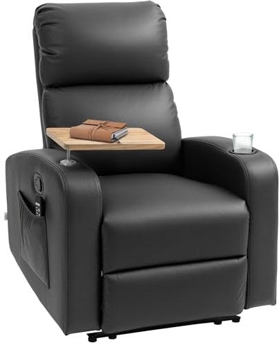 HOMCOM Relaxsessel mit Massagefunktion, Fernsehsessel mit Liegefunktion, Drehbarem Tisch, Massagesessel, Ruhesessel mit Fernbedienung, Feder, Seitentasche und Becherhalter, Mikrofaser, Schwarz