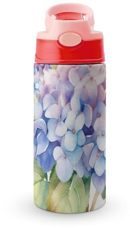Stainless Steel Water Bottles Hydrangea Watercolor Travel Water Cups with Handle And Silicone Straw Drinking Cup with Leak Proof Lid Thermo Travel Mug for Women Men