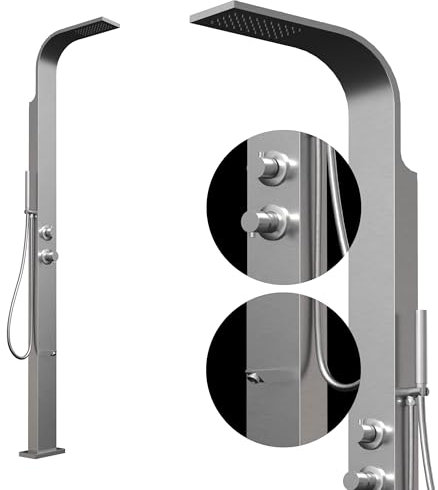 Four & More Honolulu - Doccia da giardino in acciaio INOX spazzolato V4A/316, con attacco per acqua calda e fredda per il giardino