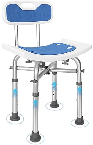 Duschstuhl mit Rückenlehne, 6-stufig Höhenverstellbar:65-77cm,Blau