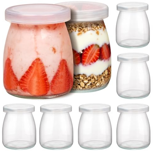 Vtopmart 8 Pack 200ml Reusable Glass Yogurt Jars with Lids, Mini Cup Small Glass Bottles for Homemade Yoghurt, Pudding, Jam, Dessert, Spice Storage