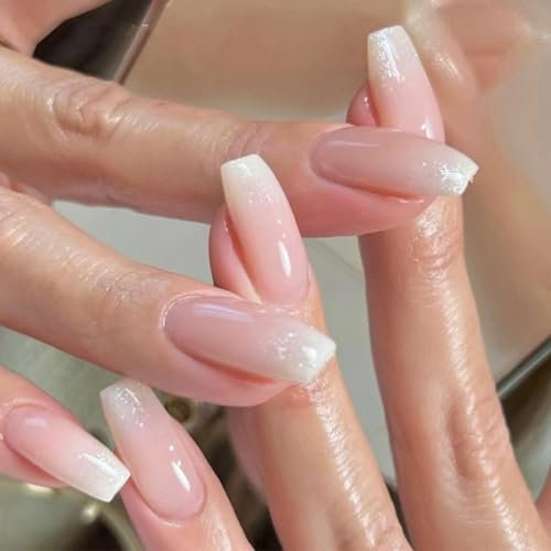 KQueenest Glitzer Press on Nails French, Ombré Rosa Nägel zum Aufkleben Sarg Mittel, Glasiert Bling Fake Nails Gradient, Luxus Künstliche Nägel Set für Frauen, 24 Stück