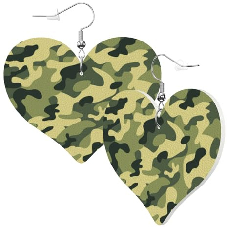 Niedliche doppelseitige Herz-Ohrringe, Armee-Grün, Camouflage, trendig, lustig, Kunstleder, baumelnd, Schmuck, Geschenk für Frauen und Mädchen