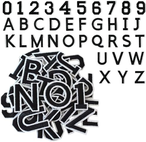BMYUK 72 Pieces Iron on Letters and Numbers Patches Alphabet A-Z Number 0-9 Embroidered Patche Applique for Hat Socks Jeans Clothes Dress and Other Apparel DIY Accessories (Black)