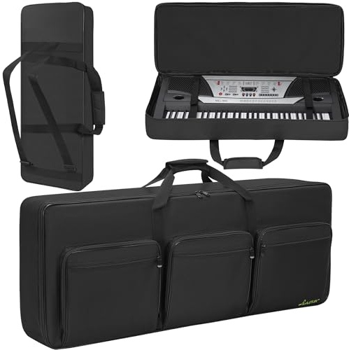 LASUK 61 keys Keyboard Case, Electric Piano Keyboard Gig Bag with Adjustable Straps and 6-Pocket for Keyboard Accessaries 40.6x5.1x15.4